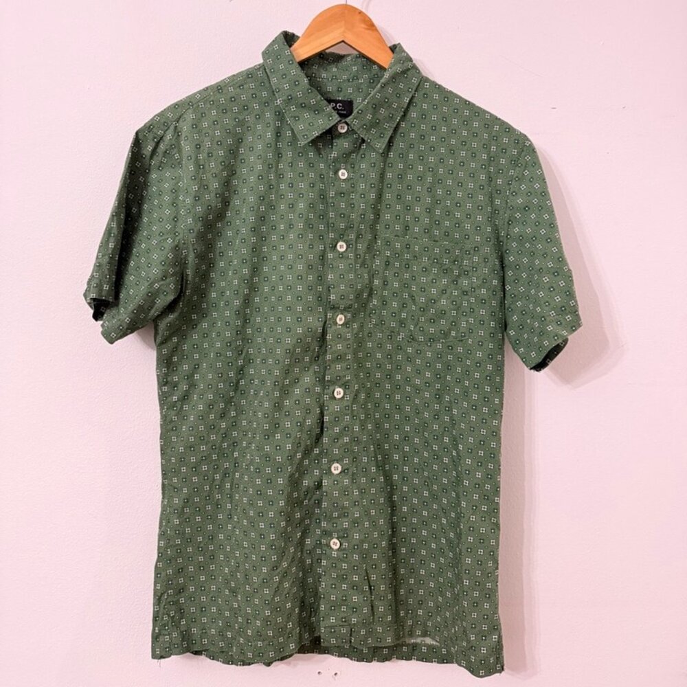 A.P.C. Green Short Sleeve Button Down Shirt Geometric Print Size L